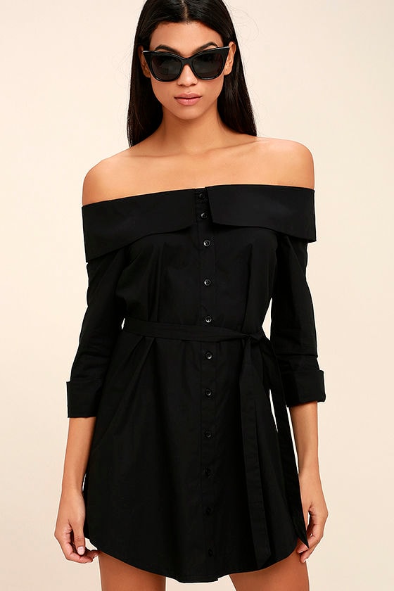 Chic Black Dress - Off-the-Shoulder Dress - Long Sleeve Dress - Belted Dress  - $58.00 - Lulus